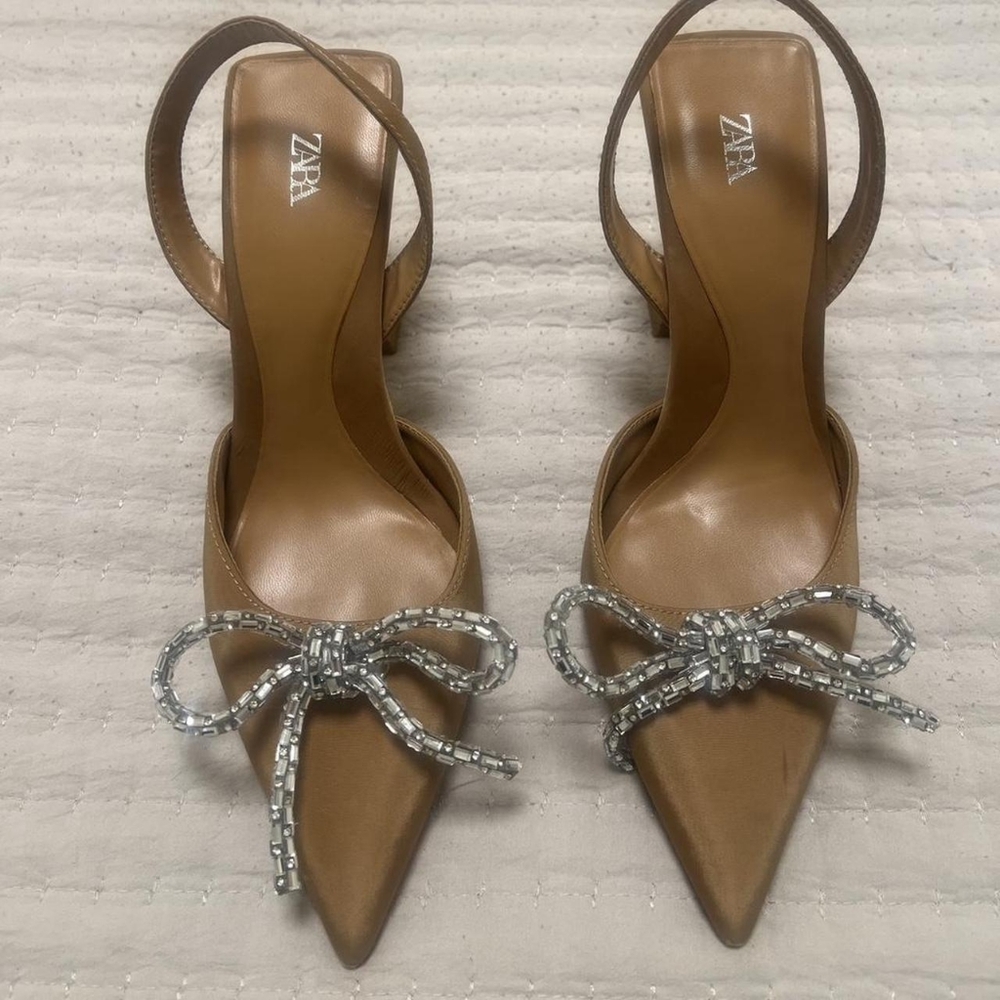 Zara Brown Pointed-Toe Slingback Heels with Crystal Bow Accent